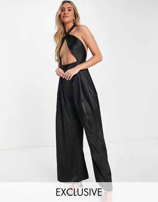ASYOU satin halter cut out jumpsuit in black