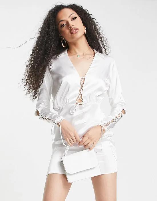 ASYOU satin lace up shirt dress in white