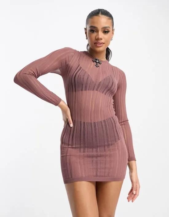 ASYOU sheer striped long sleeve knit dress in chocolate