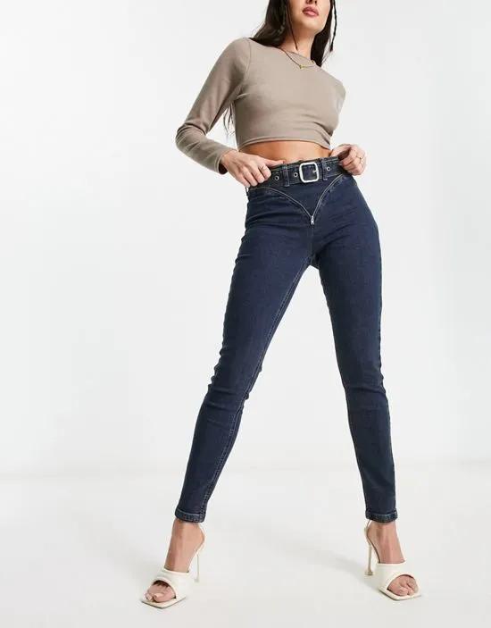 ASYOU skinny jean with zip & buckle detail in dark dirty wash