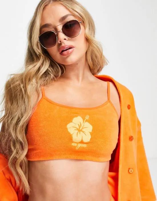 ASYOU terrycloth bralette with flower graphic in orange - part of a set