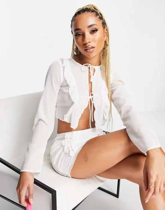 ASYOU tie detail long sleeve crop top in white - part of a set