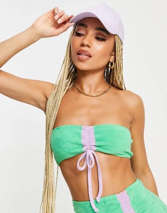 ASYOU towelling ruched bandeau beach top in green and purple
