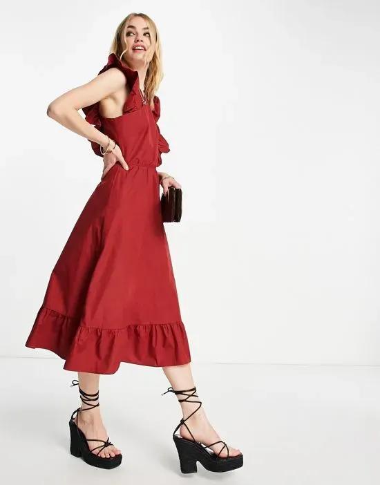 Aware cross front midi dress with frill detail in red