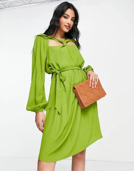 Aware twist front mini dress with tie waist in green