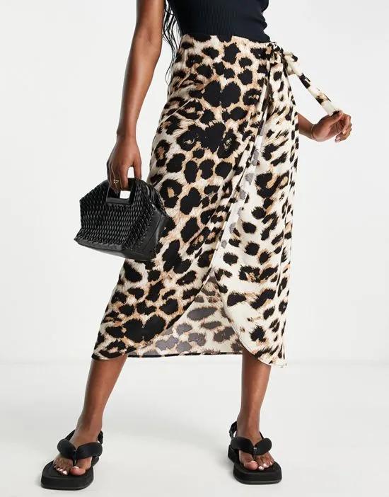 Aware wrap front midi skirt in leopard print