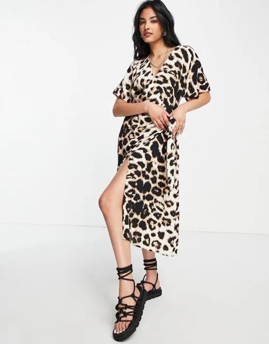 Aware wrap midi dress in leopard print