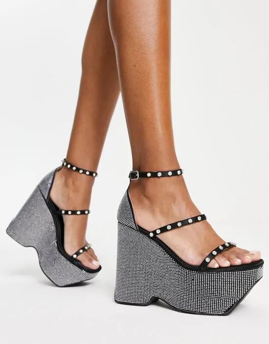 Azalea Wang Lizzy diamante wedge sandals in black and silver