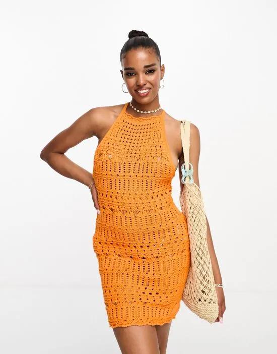 back detail high neck crochet mini dress in orange