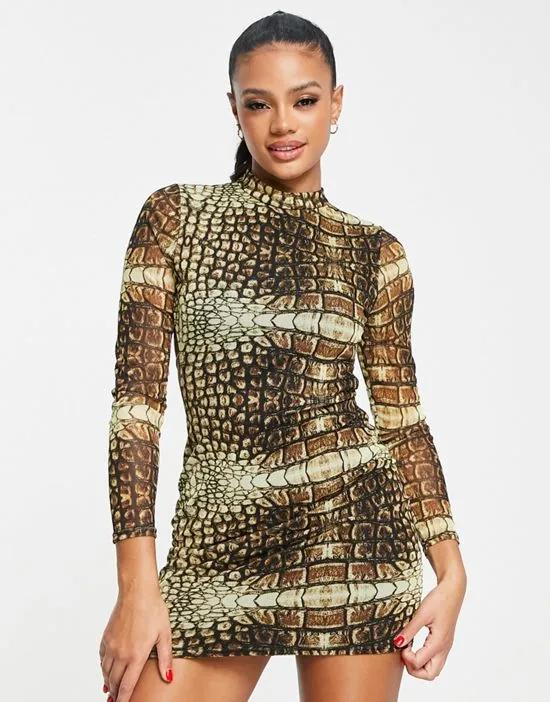backless mini dress in mesh snake print