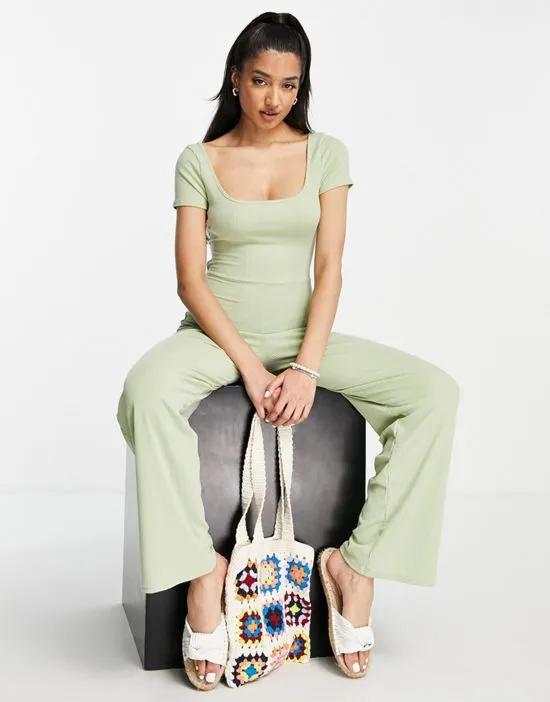 backless wide leg rib jumpsuit in green