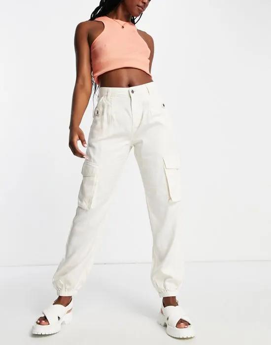 baggy cargo pant with elasticated hem in stone