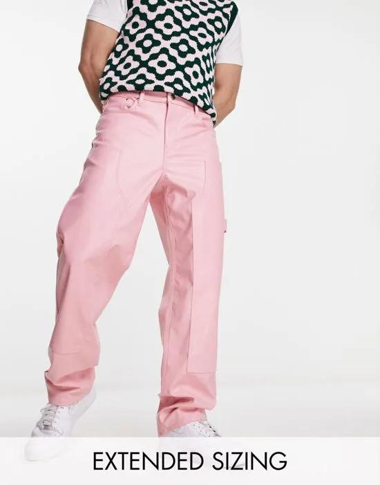 baggy leather-look pants in pink with carpenter detail