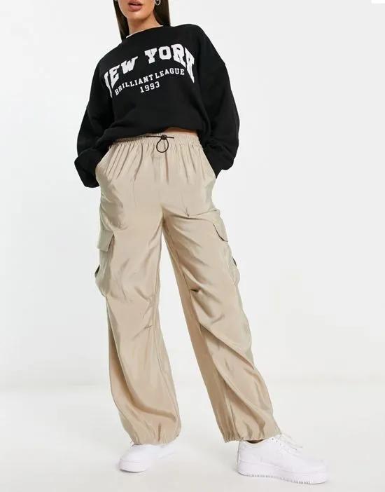 baggy parachute cargo pants in stone