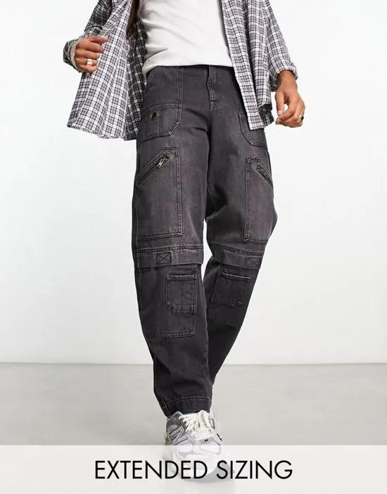 baggy utility jeans with zip detail in washed black