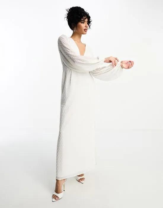 balloon sleeve button front maxi dress in off white