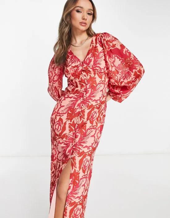 balloon sleeve button midaxi dress in red and pink floral
