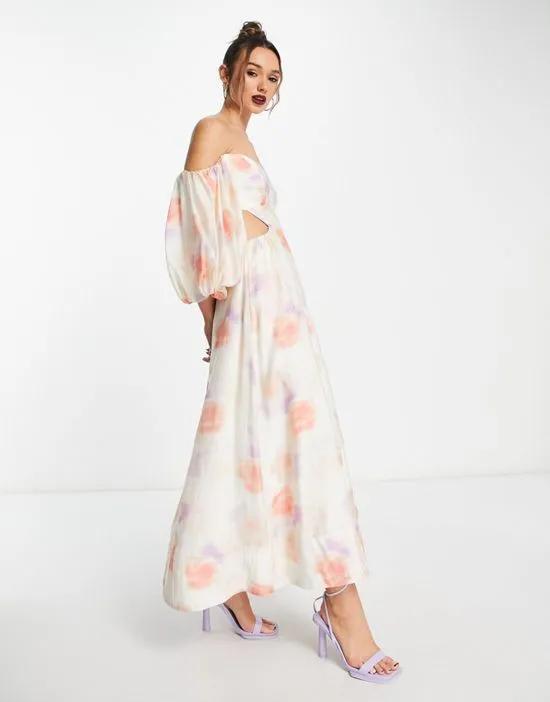 balloon sleeve cut-out maxi dress in painterly floral