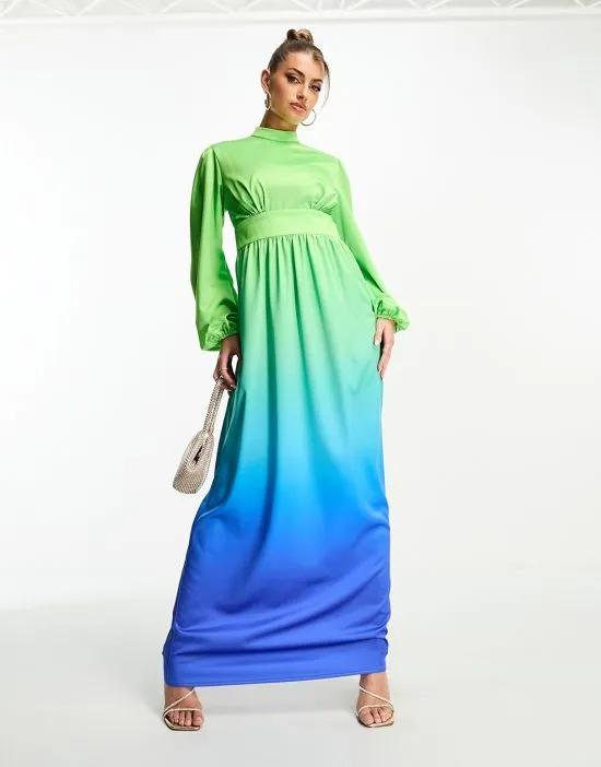 balloon sleeve maxi dress in blue and green ombre