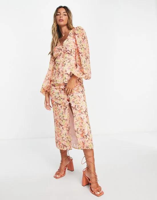 balloon sleeve midaxi dress in abstract floral