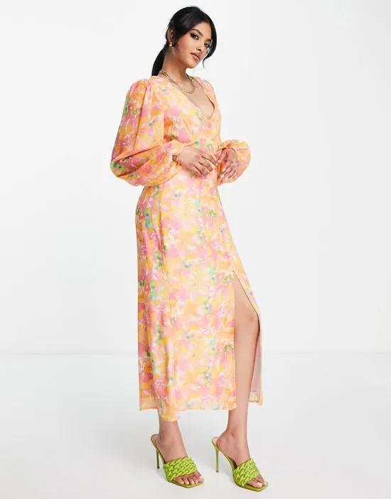 balloon sleeve midaxi dress in pink and orange abstract floral