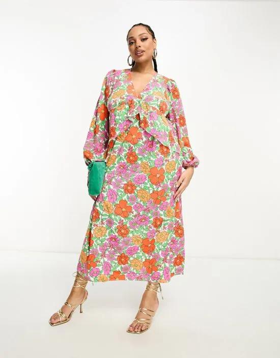 balloon sleeve midi dress with frill waist in bright bold floral
