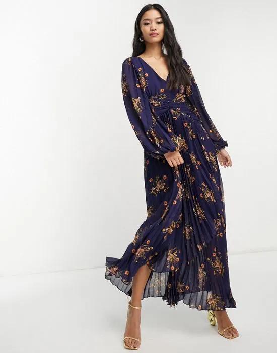 balloon sleeve pleated midaxi dress in navy floral