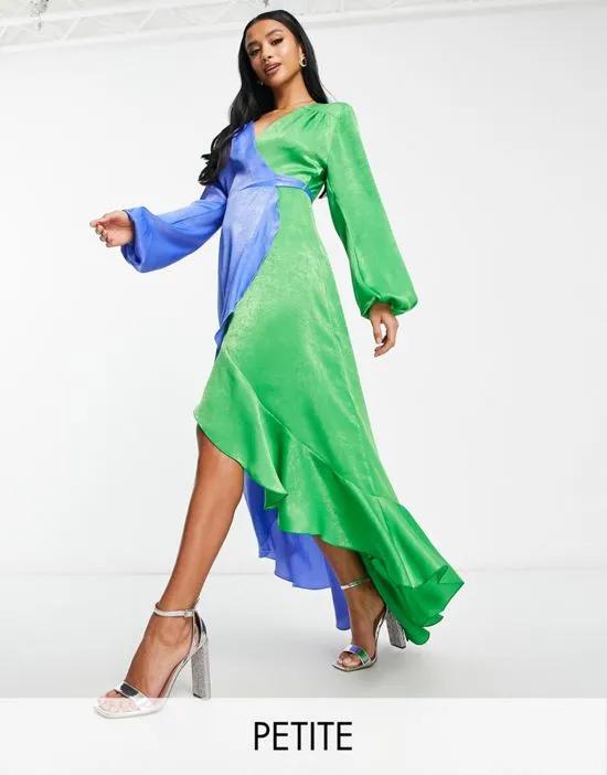 balloon sleeve ruffle maxi dress in contrast blue and green