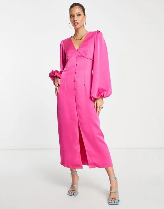 balloon sleeve satin maxi dress in millennial pink