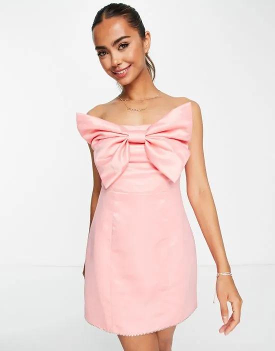 Band Of Stars premium satin bow front mini dress with embellished trim in pink