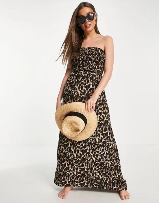 bandeau beach maxi dress in leopard print