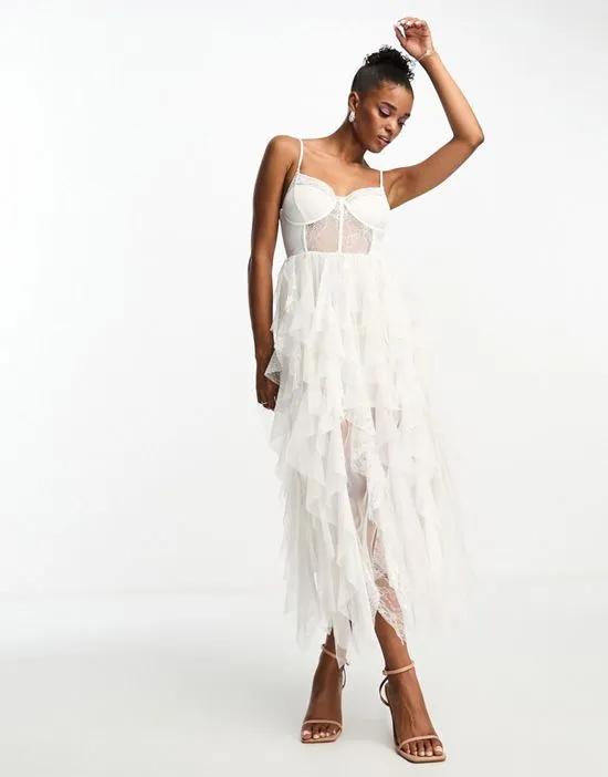 bandeau bridal lace detail ruffle maxi dress with detachable straps in cream