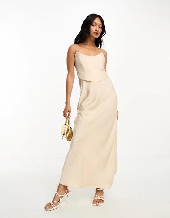 bandeau contrast fabric slip maxi dress with corset detail in gold