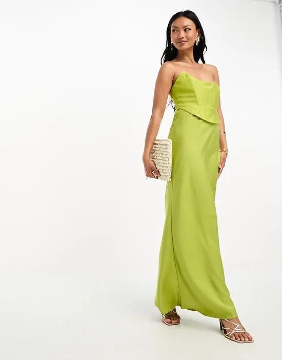 bandeau contrast fabric slip maxi dress with corset detail in olive green