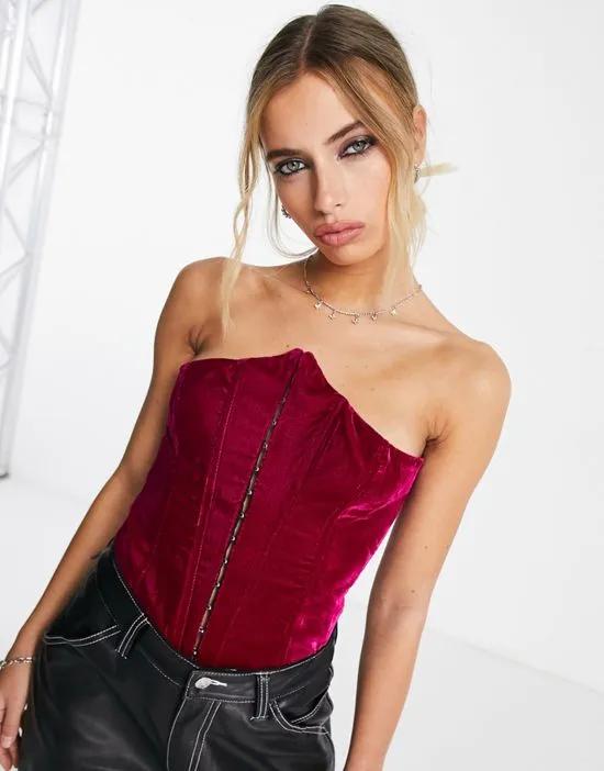 bandeau corset with hook & eye in berry velvet