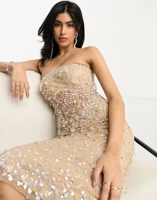 bandeau embellished sequin midi dress in gold