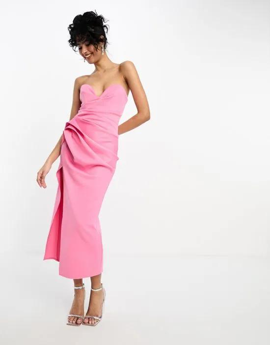 bandeau hitched hip midi dress in coral pink