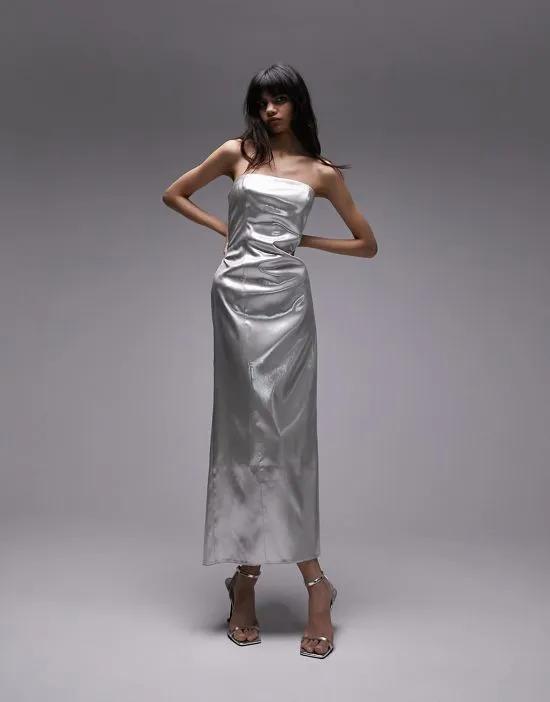 bandeau metallic midi dress in silver