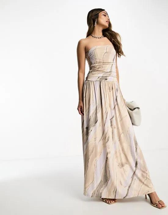 bandeau ruched bodice maxi dress with seam detail in marble print