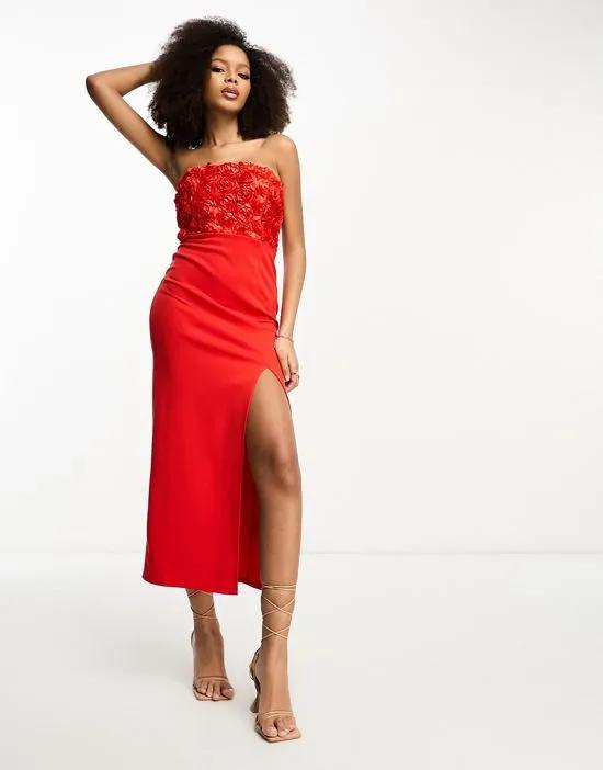 bandeau textured rose high split midi dress in red