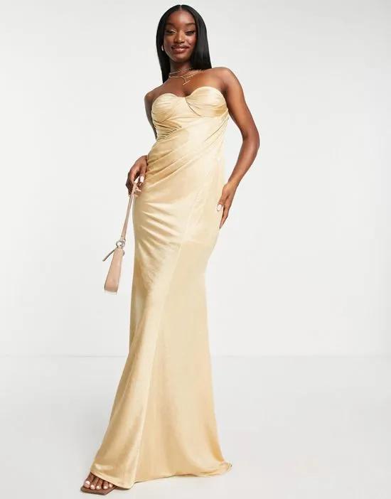 bandeau tuck drape maxi dress in gold