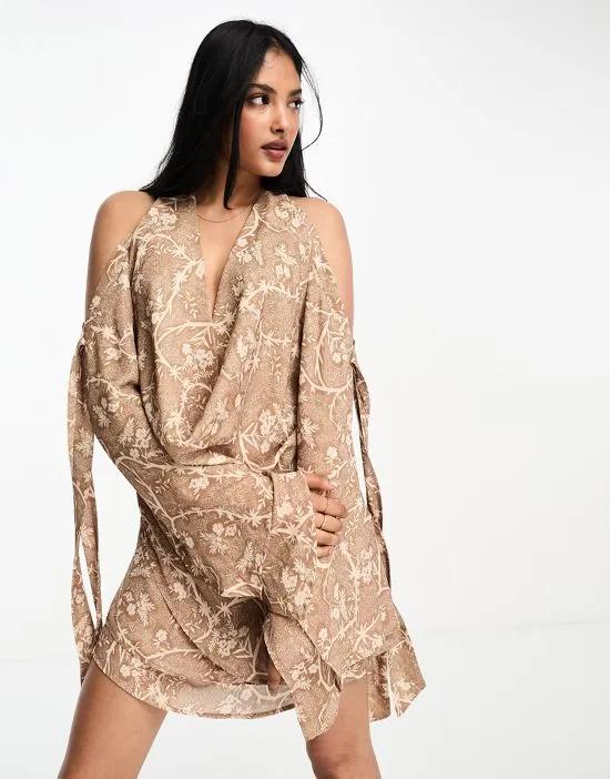 barb wire floral plunge mini dress in taupe