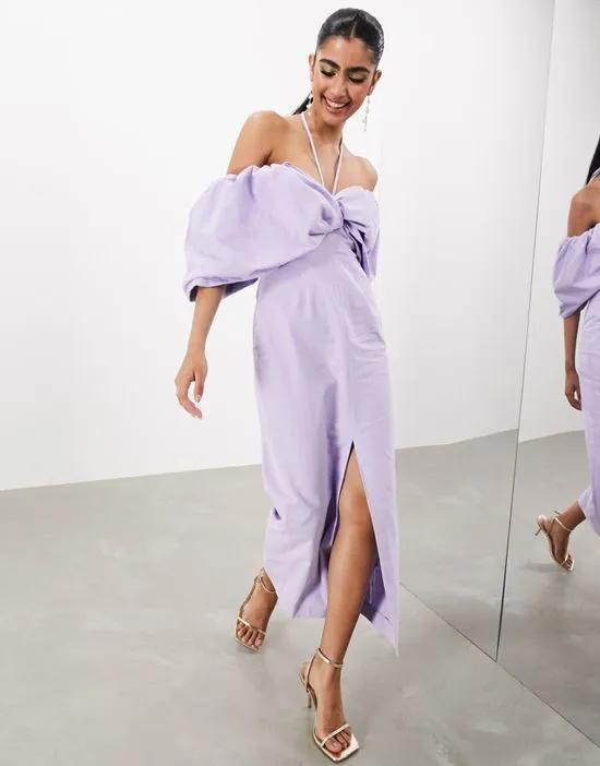 bardot bow tie neck detail midi dress in lilac