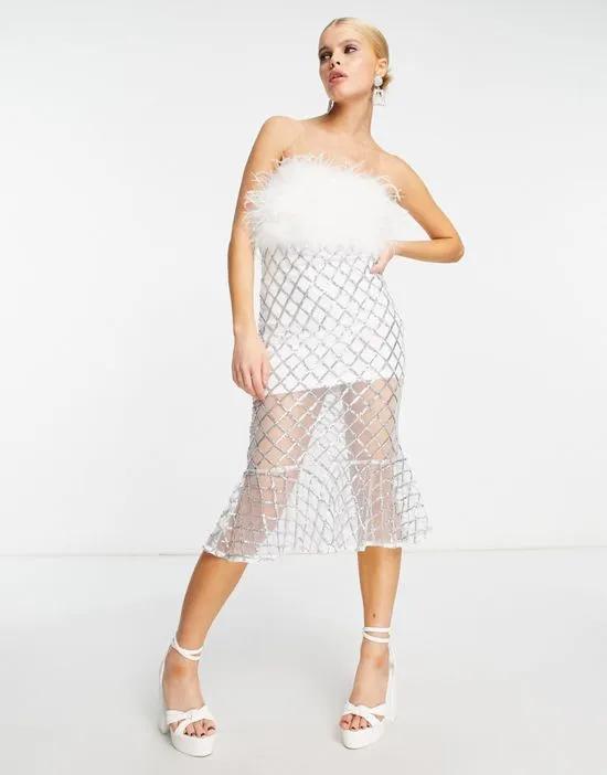bardot faux fur midi dress with silver chain skirt