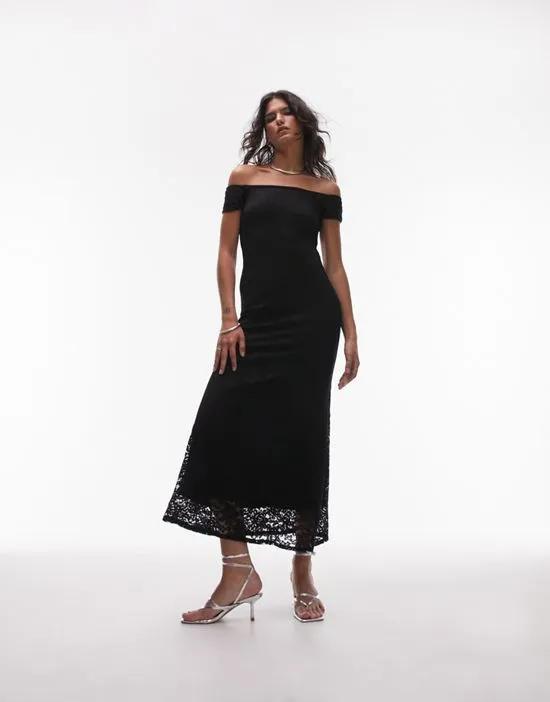 bardot lace maxi dress in black