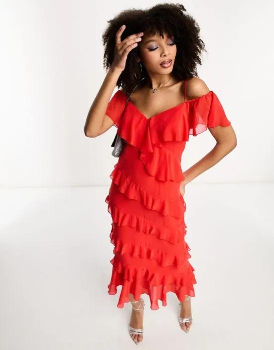 bardot midaxi dress with ruffle detail in red