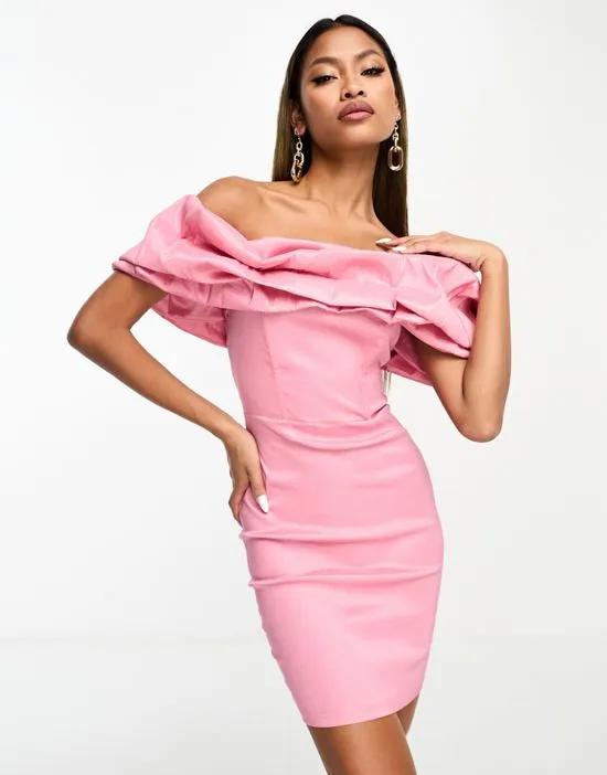 bardot mini dress with oversized frill detail in pink