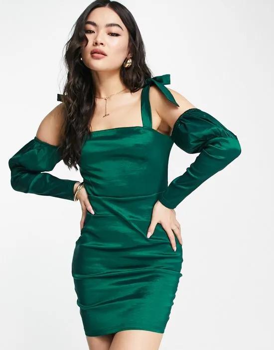 bardot puff sleeve satin body-conscious dress in green