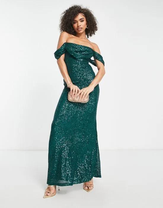 bardot ruched corset maxi fishtail dress in emerald sequin