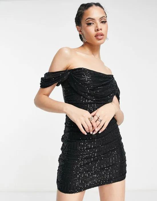 bardot ruched corset mini dress in black sequin